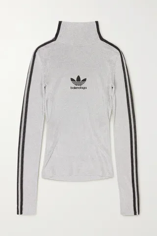 Balenciaga - + Adidas Athletic Embroidered Metallic Jersey Turtleneck Top - Silver