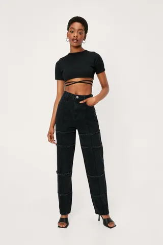 Nasty Gal Womens Frayed Seam Grid Straight Leg Jeans