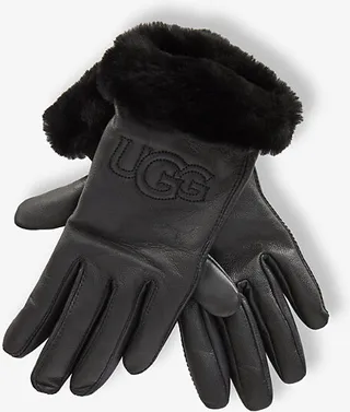 Ugg Womens Black Classic Logo-embroidered Leather and hearling Gloves