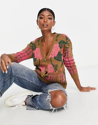 Vila cardigan in pink floral and check mix
