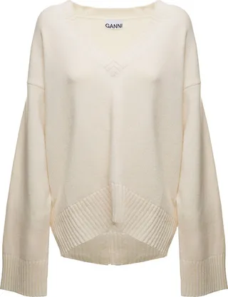 White Sweater In Wool With Deep V-neckline Ganni Woman