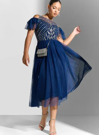 Cold Shoulder Embellished Tiered Dress