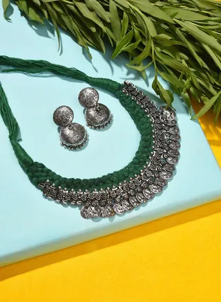 Silver Plated Beaded Necklace and Earring Set