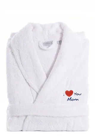 'I Love You Mom' Embroidered White Terry Bathrobe
