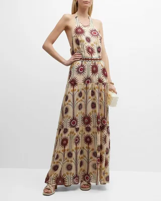 Isotta Sea U-Print Tiered Halter Cotton Voile Maxi Dress