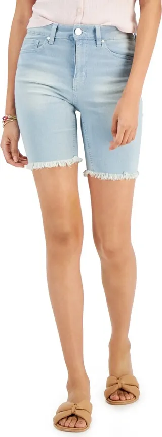 Dollhouse Juniors' Frayed High Rise Denim Bermuda Shorts