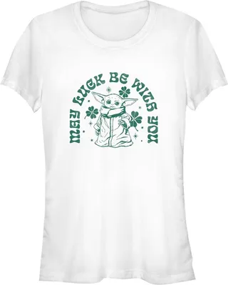 Junior's Star Wars: The Mandalorian St. Patrick's Day Grogu May Luck be with You Retro T-Shirt - White - Small