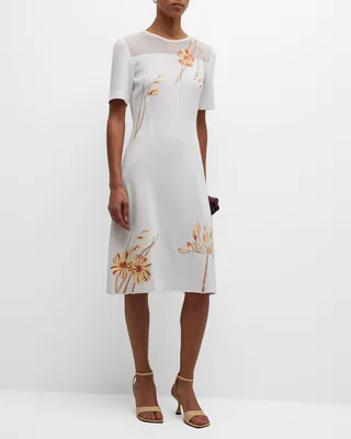 Floral-Embroidered A-Line Midi Dress