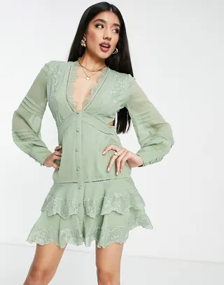 ASOS DESIGN chiffon tiered mini dress with lace applique in olive