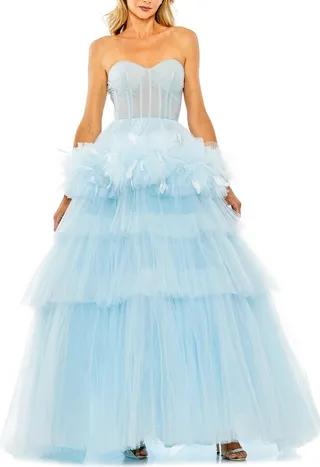 Feather Detail Strapless Tulle Gown