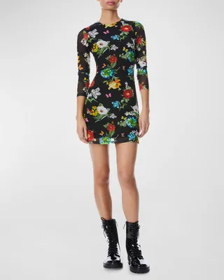 Floral-Print Delores Long-Sleeve Mesh Mini Dress