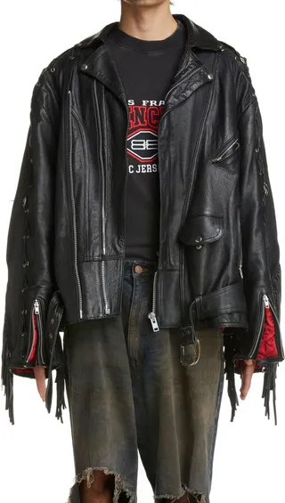 Fringe Detail Leather Biker Jacket