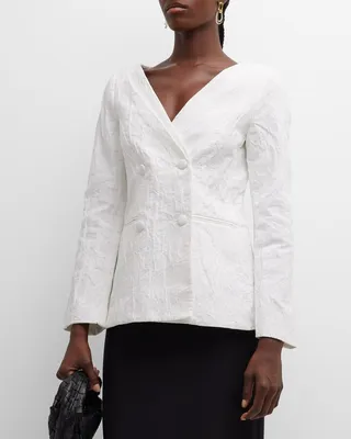 V-Neck Crinkle Linen Double-Breasted Jacket