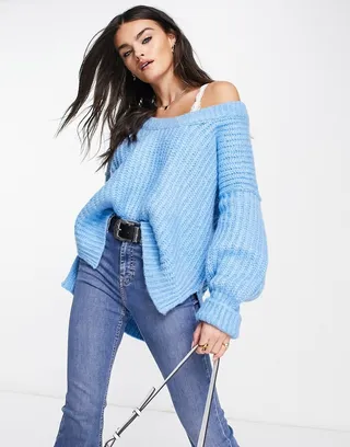 Free People Blue Bell oversized v-neck sweater in blue