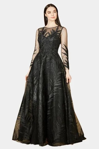 High Neck Sheer Long Sleeve Embellished Gown
