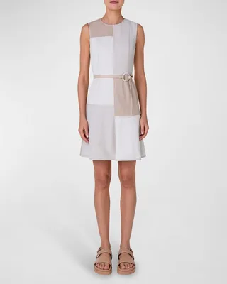 Washed Denim Patchwork Short Dress with Belt