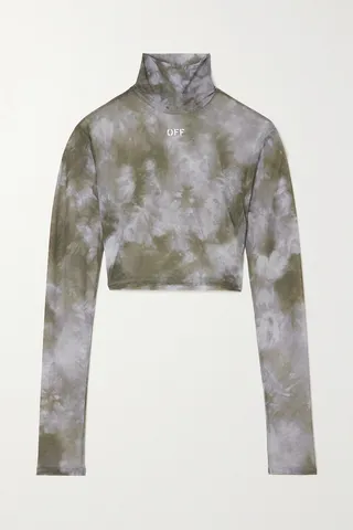 Off-White - Cropped Tie-dyed Stretch-tulle Turtleneck Top - Green