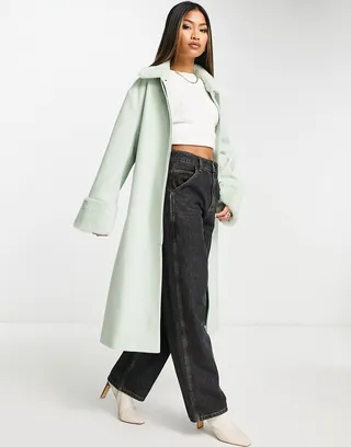 ASOS DESIGN faux fur cuff and collar formal coat in sage