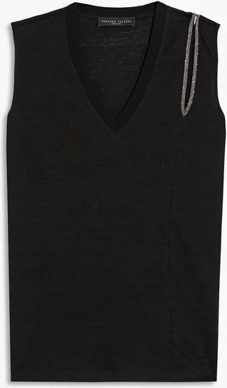 Cutout bead-embellished linen-blend jersey tank