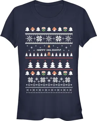 Junior's Nintendo Ugly Mario Holiday Sweater T-Shirt - Navy Blue - 2X Large