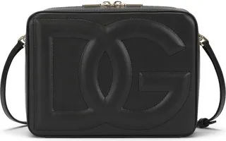 Black Embossed Logo Medium Leather Camera Bag