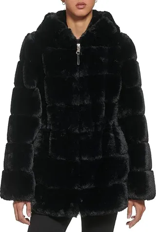 DKNY Zip Front Faux Fur Jacket (Black) Women's Clothing
