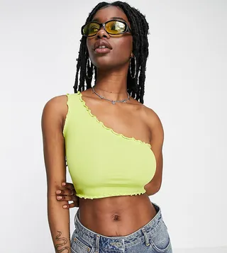 COLLUSION lettuce edge one shoulder top in olive