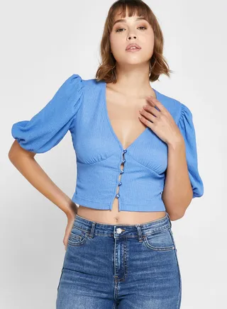 Button Detail Puff Sleeve Crop Top