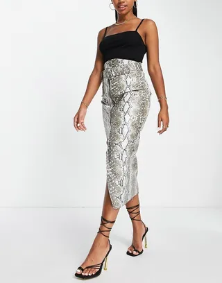 ASOS DESIGN belted midi skirt with zip detail in snake print