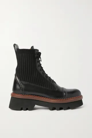 Chloé - + Net Sustain Owena Ribbed-knit And Leather Platform Ankle Boots - Black