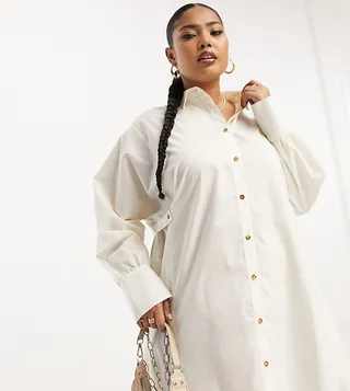 ASOS DESIGN Curve utility mini shirt dress with tab waist with horn buttons in cream