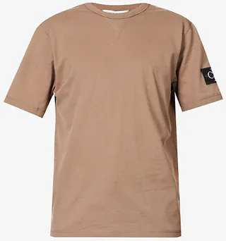 Mens Warm Toffee ogo-tab Short-sleeved Cotton T-shirt