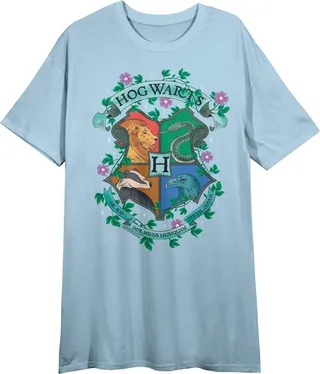 Harry Potter Hogwarts Houses With Floral Detail Women’s Blue Short Sleeve Sleep Shirt-Small