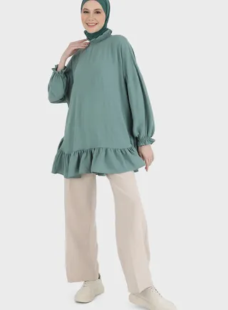 Ruffle Hem Balloon Sleeve Tunic