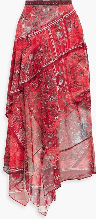 Tiered printed silk-chiffon midi skirt