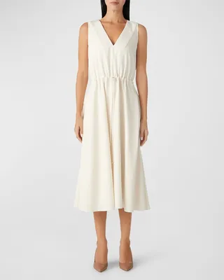 Tweed-Trim Satin-Back Crepe Midi Dress