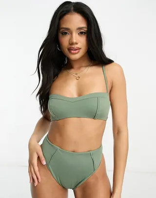 ASOS DESIGN seam detail high leg high waist bikini bottom in khaki