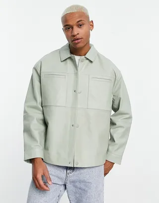 ASOS DESIGN oversized real leather shacket in sage green