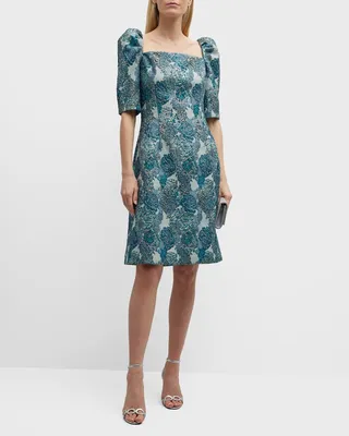 Puff-Sleeve Square-Neck Floral Jacquard Dress