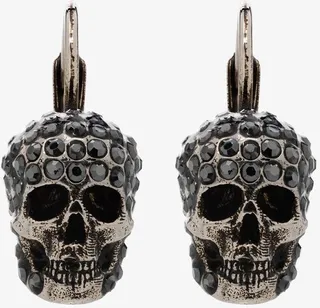 Silver Tone Crystal Skull Earrings