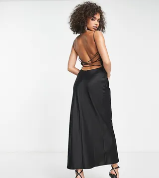 ASYOU cowl neck midi satin slip dress in black