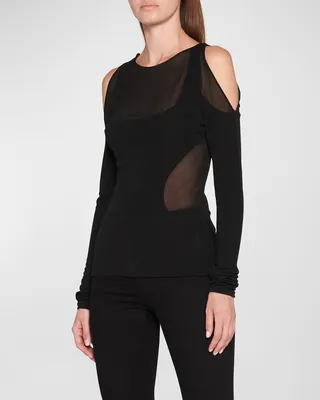 Mesh Cutout Cold-Shoulder Crepe Jersey Top