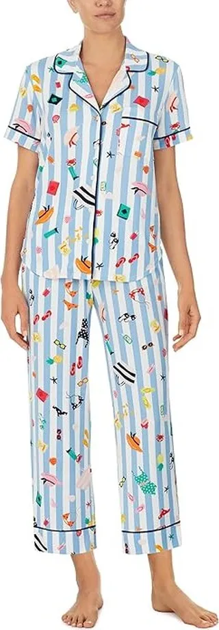 Kate Spade New York Brushed Jersey Short Sleeve Cropped PJ Set (Beach Day) Women's Pajama Sets