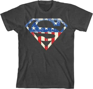 Superman American Flag Logo Youth Charcoal Heather Graphic Tee-Medium