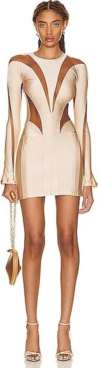 Mugler Long Sleeve Mini Dress in Nude