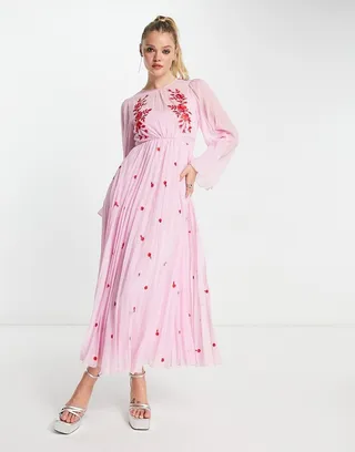ASOS DESIGN tie back pleated sleeve midi dress in pink with red embroidery