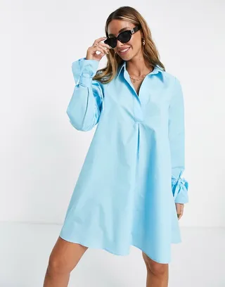 ASOS DESIGN cotton poplin trapeze mini shirt dress in turquoise