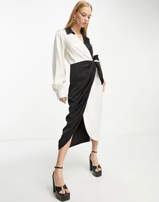 & Other Stories color block wrap midi shirt dress in black and white
