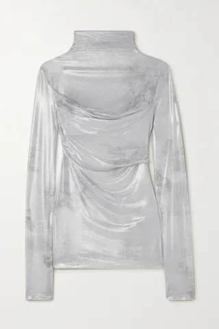 Off-White - Printed Metallic Stretch-tulle Turtleneck Top - Gray