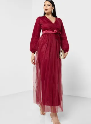 Surplice Neck Tulle Dress